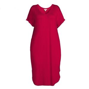 Women's Plus Size V-Neck T-Shirt Midi Dress color: cranberry pink